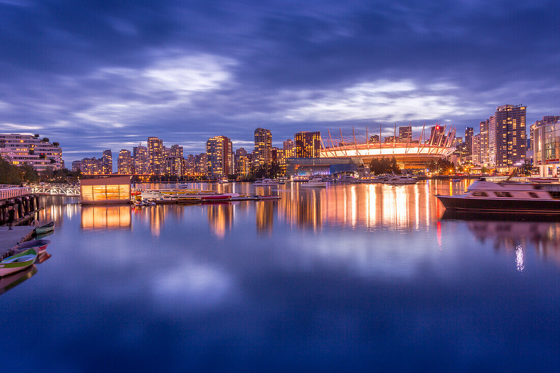 View of False Creek and Vancouver skyline, including BC Place, Vancouver, British Columbia, Canada, North America