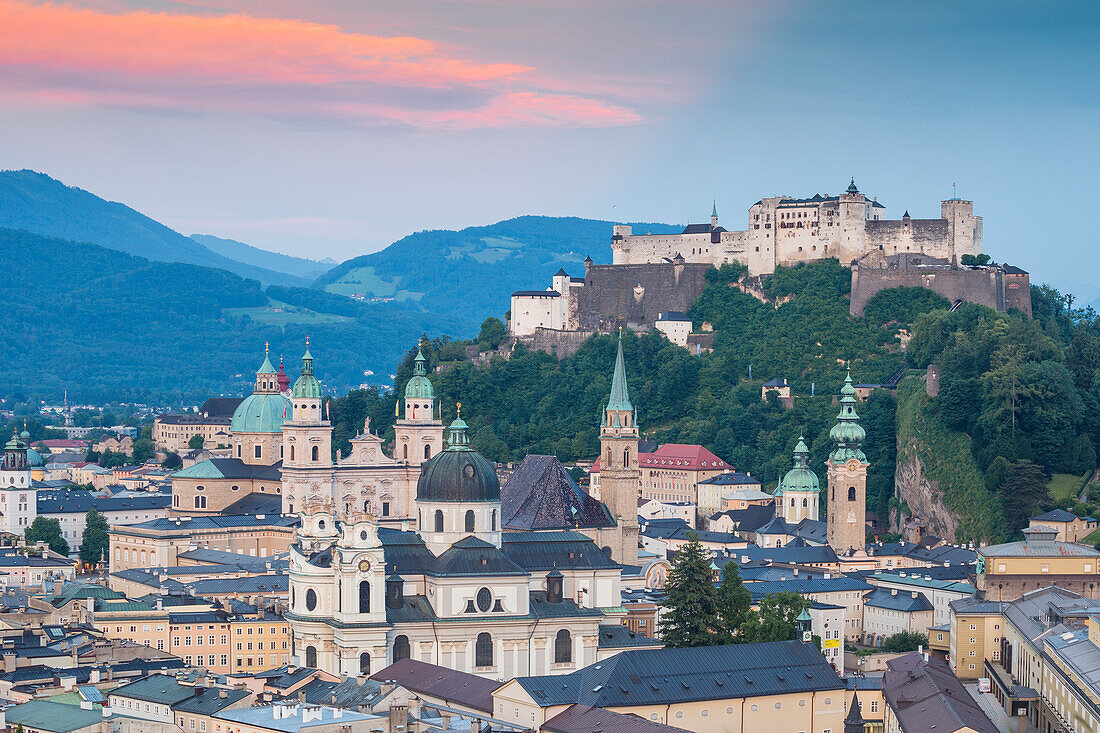 View of Hohensalzburg Castle above The Old City, UNESCO World Heritage Site, Salzburg, Austria, Europe