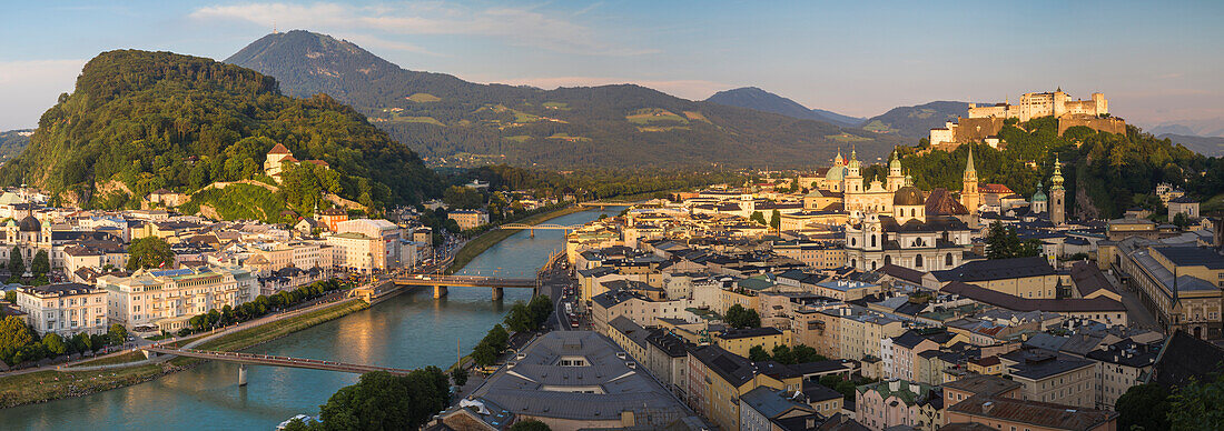 View of Salzach River, The Old City with Hohensalzburg Castle to the right and the New City to the left, Salzburg, Austria, Europe