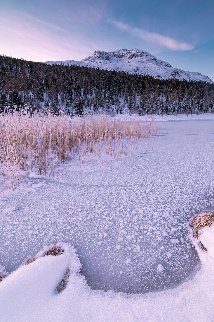 Frozen lake, Lej da Staz, St. Moritz, Engadine, Canton of Graubunden (Grisons), Switzerland, Europe