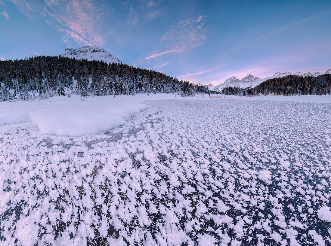 Panoramic of ice crystals at Lej da Staz, St. Moritz, Engadine, Canton of Graubunden (Grisons), Switzerland, Europe