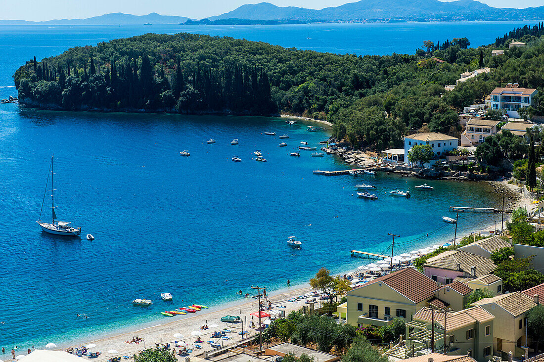 Overlook over the bay of Kalami, Corfu, Ionian Islands, Greek Islands, Greece, Europe