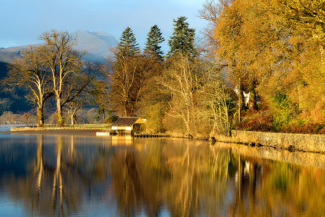 Loch Ard boathouse in autumn, Trossachs National Park, Stirling Region, Scotland, United Kingdom, Europe