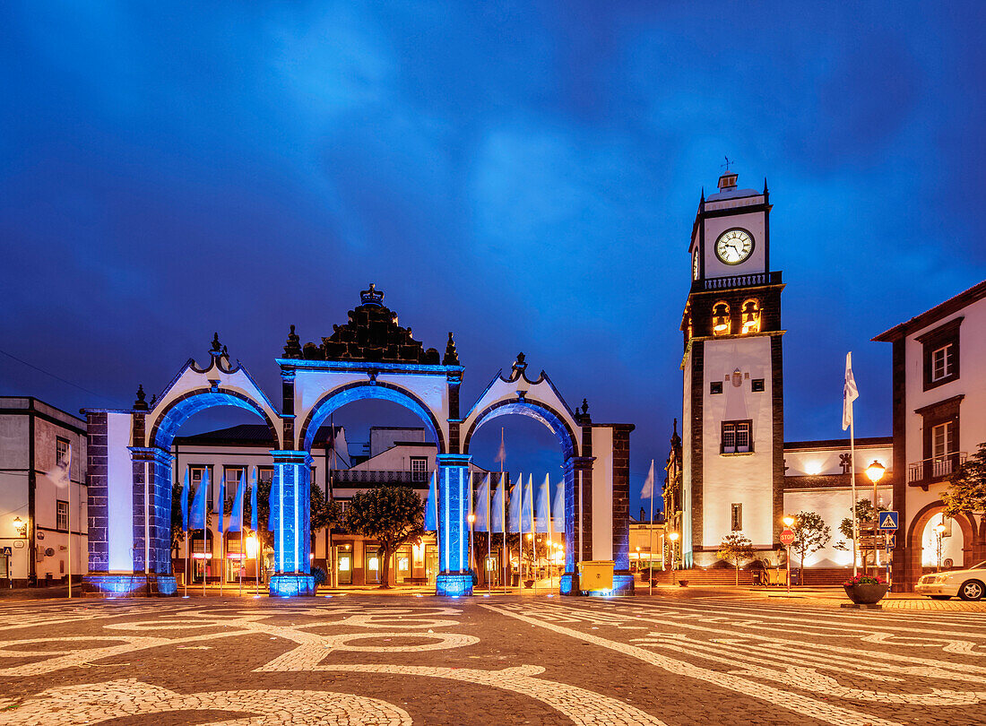 City Gates and Main Church, twilight, Ponta Delgada, Sao Miguel Island, Azores, Portugal, Atlantic, Europe