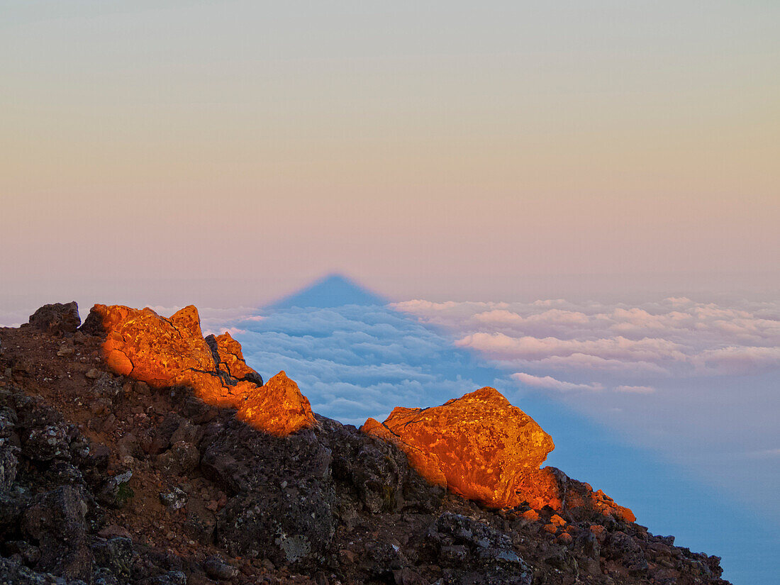 Shadow of Mount Pico at sunrise, Pico Island, Azores, Portugal, Atlantic, Europe