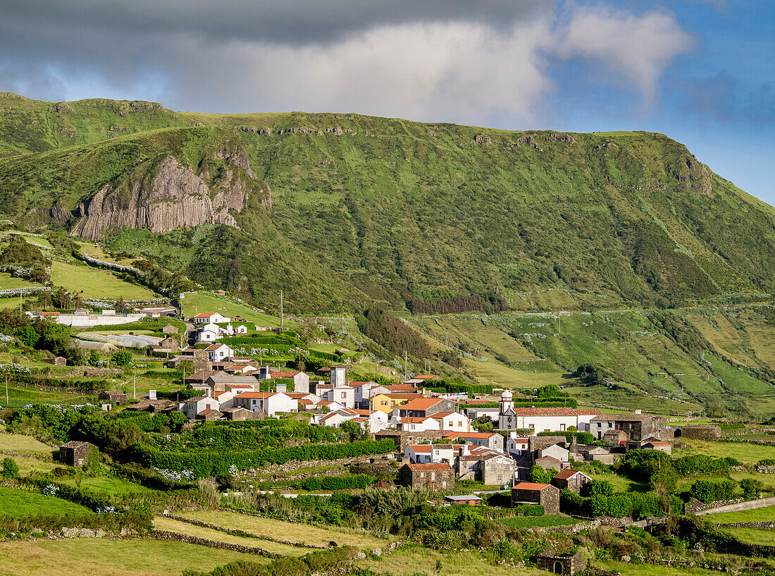 View towards Mosteiro Village and Rocha dos Bordoes, Flores Island, Azores, Portugal, Atlantic, Europe