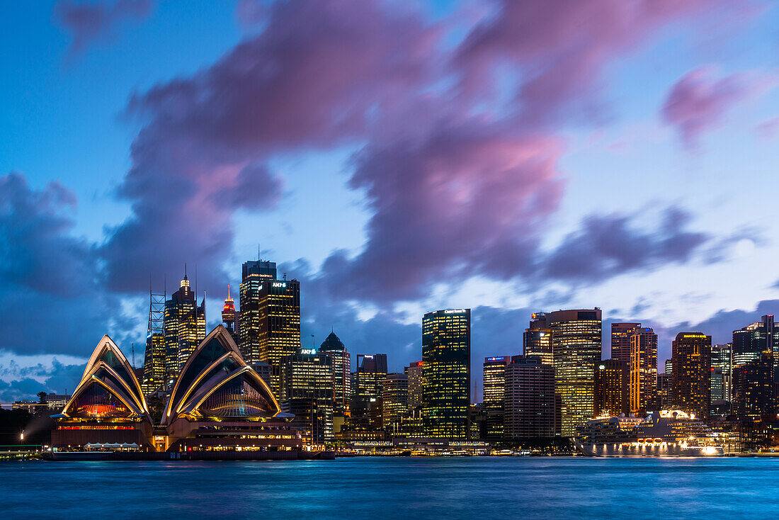 Sydney city skyline and harbour including the Opera House at dusk, Sydney, New South Wales, Australia, Pacific