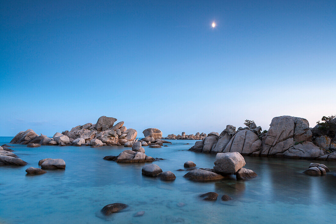Rocks and moon, Palombaggia beach, Corsica, France, Mediterranean, Europe