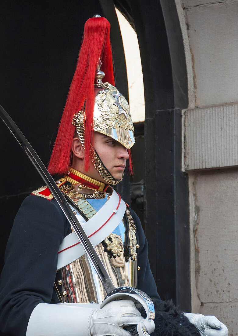 Mounted Guardsman in Whitehall, London, England, United Kingdom, Europe
