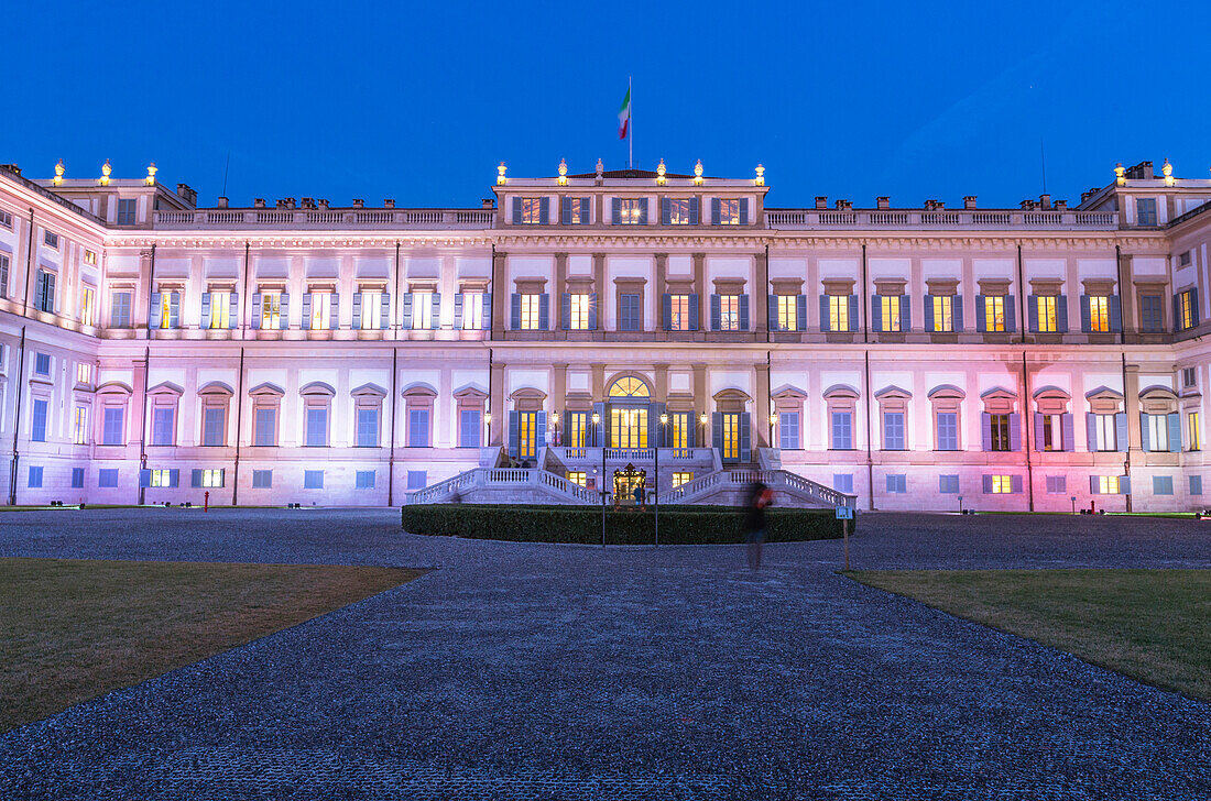 Facade of Villa Reale illuminated at dusk, Monza, Lombardy, Italy, Europe