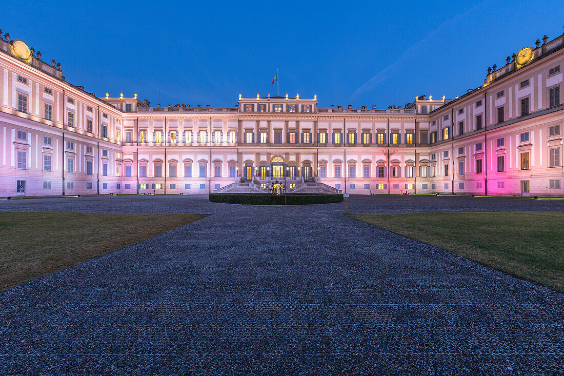 Facade of Villa Reale illuminated at dusk, Monza, Lombardy, Italy, Europe