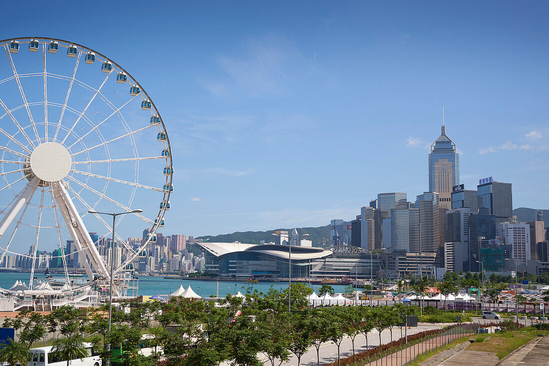 The Hong Kong Observation Wheel, Victoria Harbour, beyond is the International Convention Centre, Hong Kong Island, Hong Kong, China, Asia