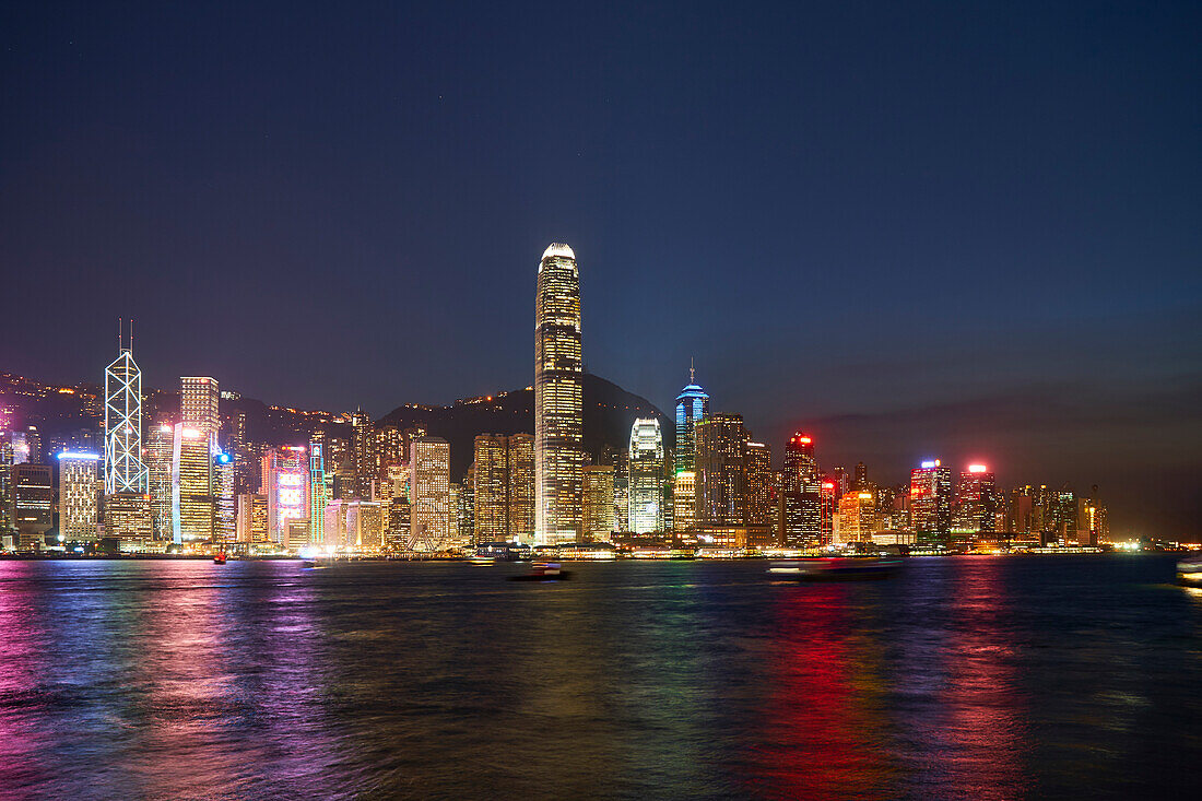 City skyline at night of the financial centre on Hong Kong Island with Bank of China Tower and Two International Finance Centre (2IFC), Hong Kong, China, Asia