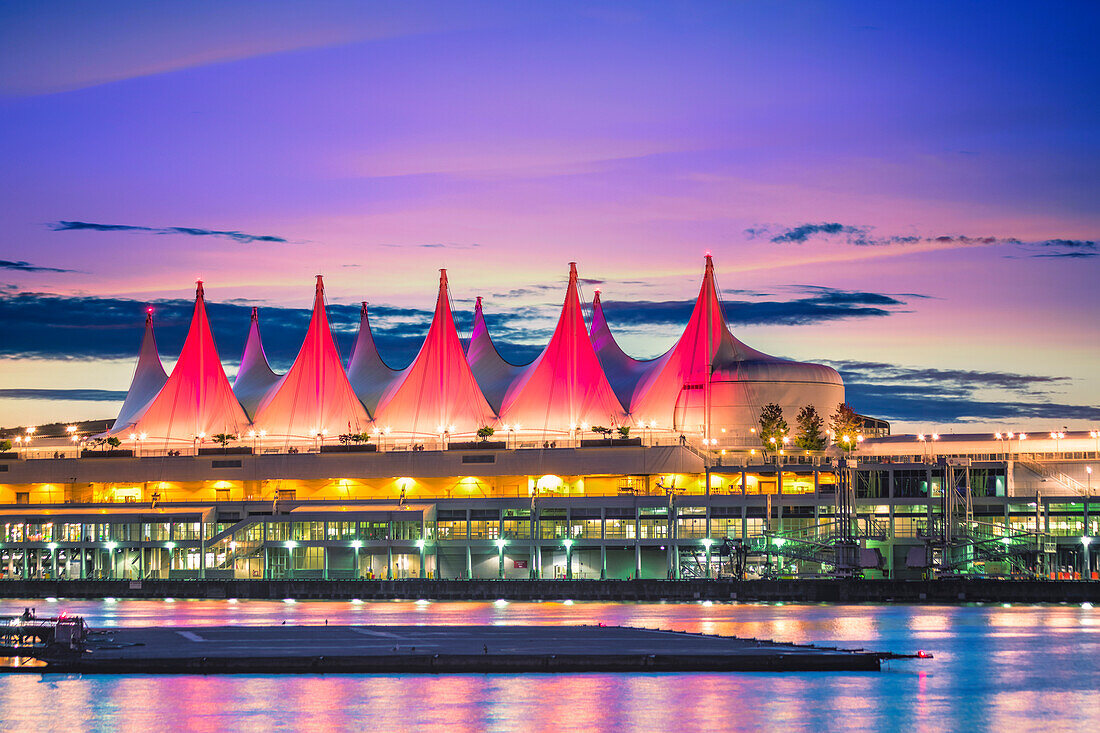 Canada Place at sunset on the Burrard Inlet waterfront of Vancouver, British Columbia, Canada, North America