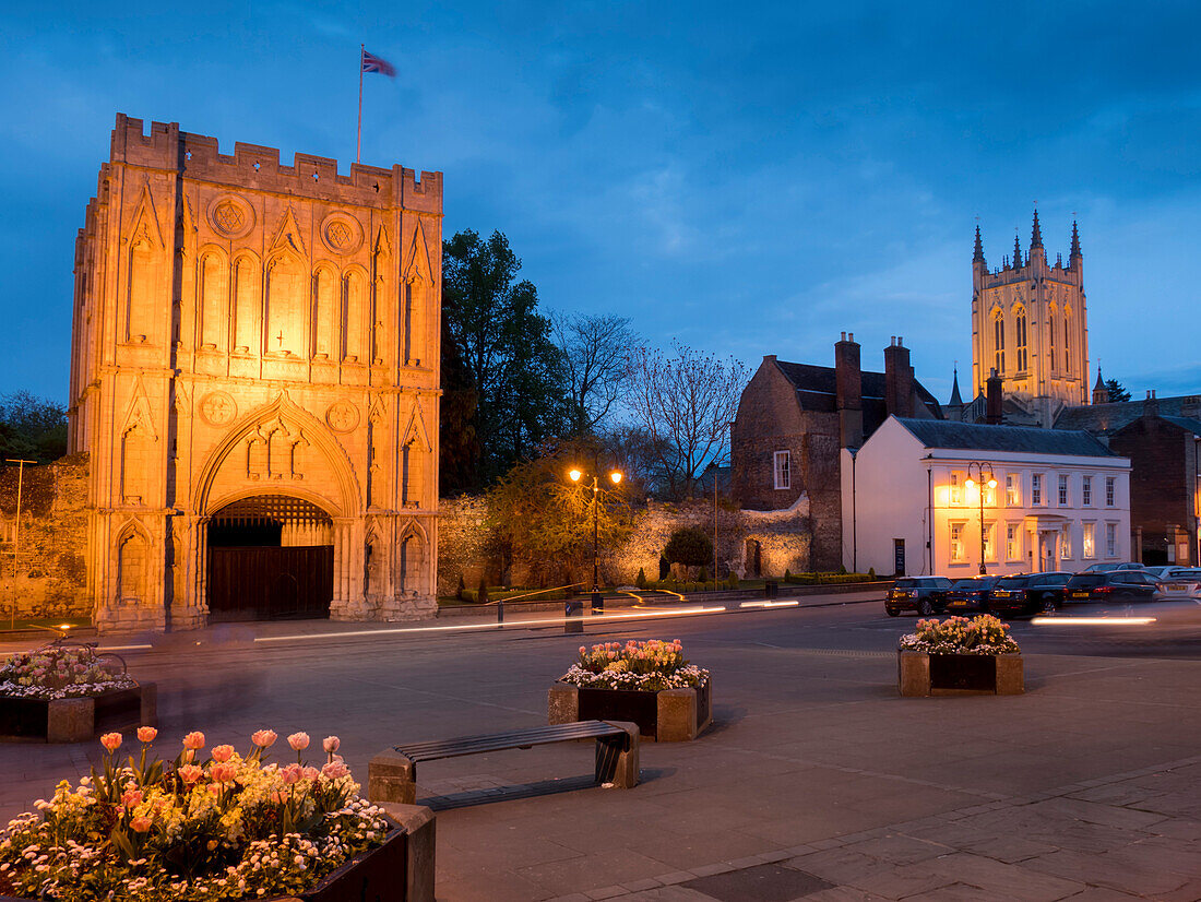 Norman Gatehouse tower and Abbey at twilight, Bury St. Edmunds, Suffolk, England, United Kingdom, Europe