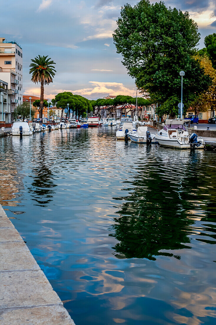 Canale Burlamacco at the sunset in the port of Viareggio, Tuscany, italy