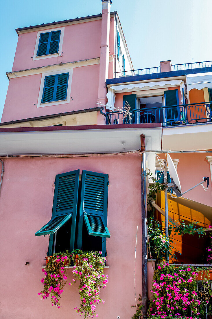Colourfull windows in Monterosso al Mare, province of La Spezia, Cinque Terre, Liguria, Italy, Europe