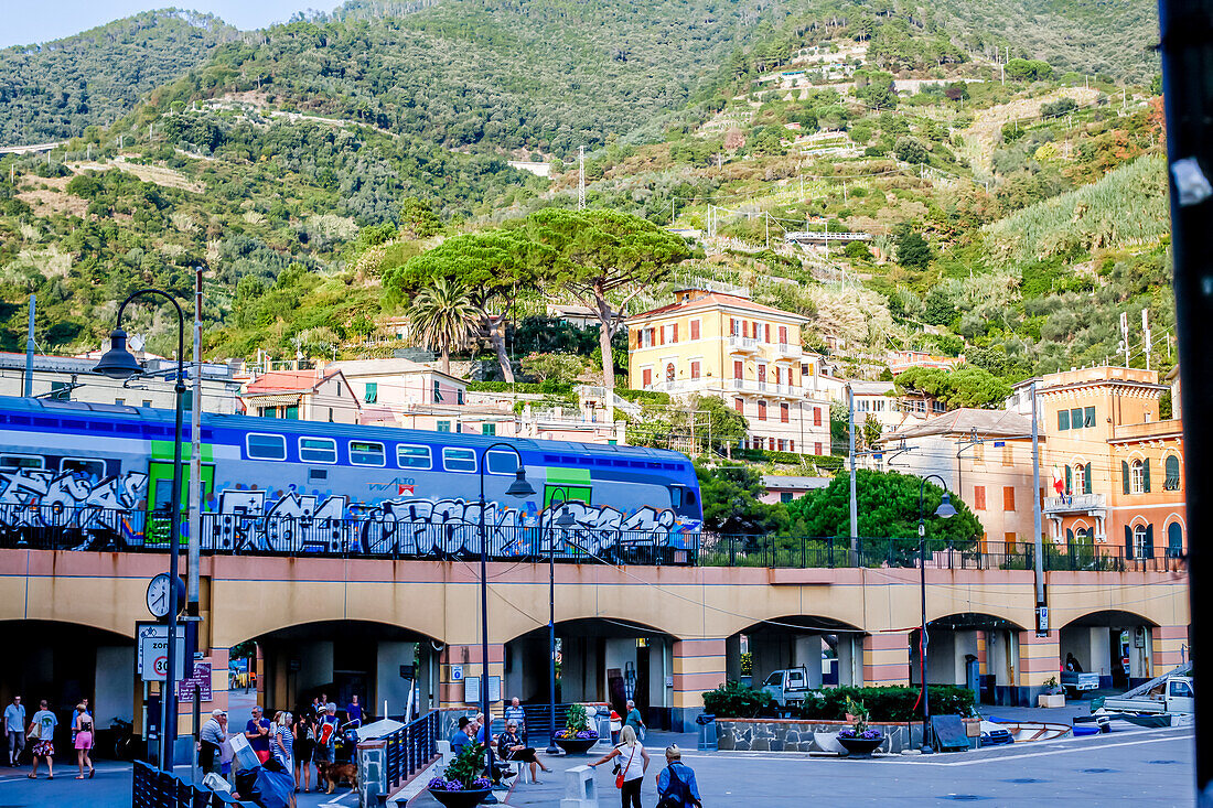 Train arriving at Monterosso al Mare, province of La Spezia, Cinque Terre, Liguria, Italy, Europe