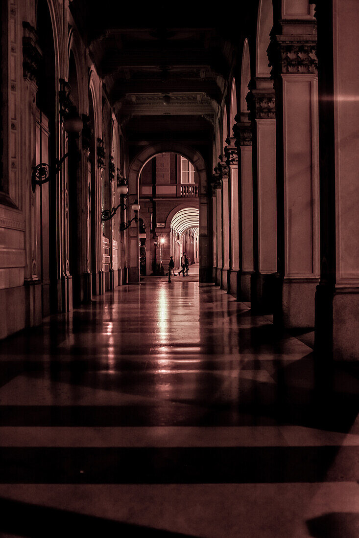 Typical Arcades of Bologna at night, also called portici, Emilia-Romagna, Italy, Europe