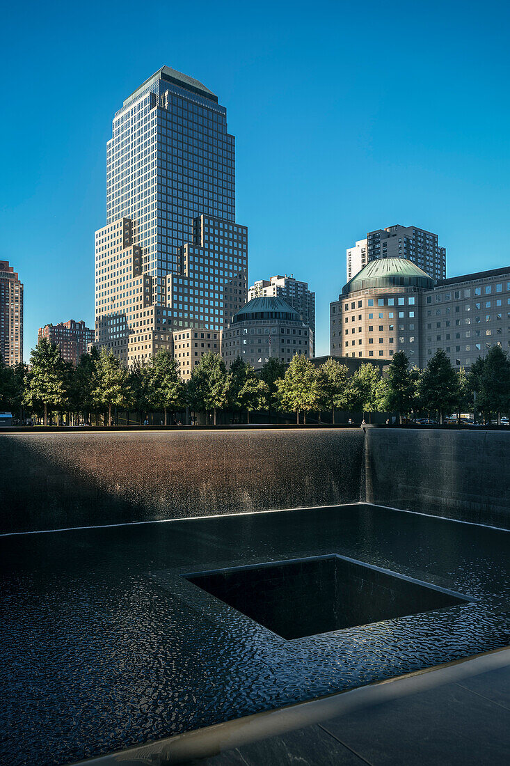 base basins of collapsed 9/11 World Trade Center, WTC Memorial, Manhattan, NYC, New York City, United States of America, USA, North America