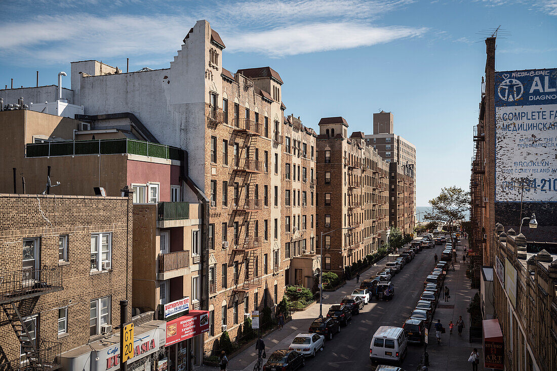 residential buildings on street leading to Coney Island beach, Brooklyn, NYC, New York City, United States of America, USA, North America