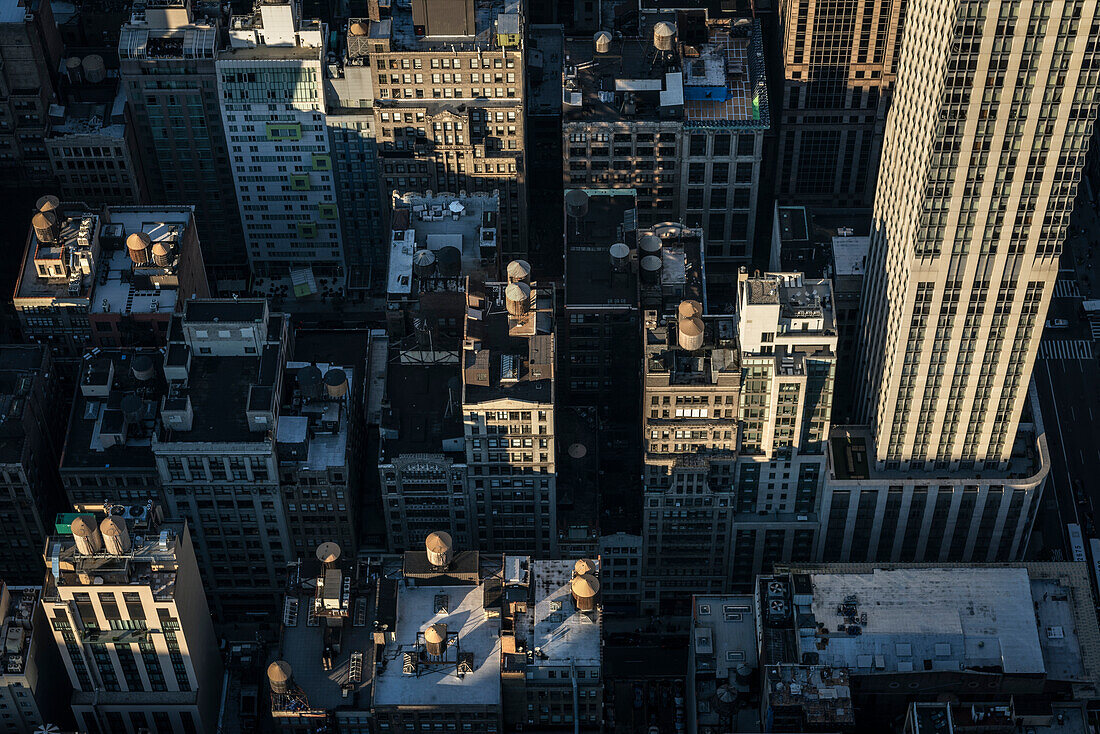 rooftops with water storage tanks, view from viewing platform of Empire State Building, Manhattan, NYC, New York City, United States of America, USA, North America