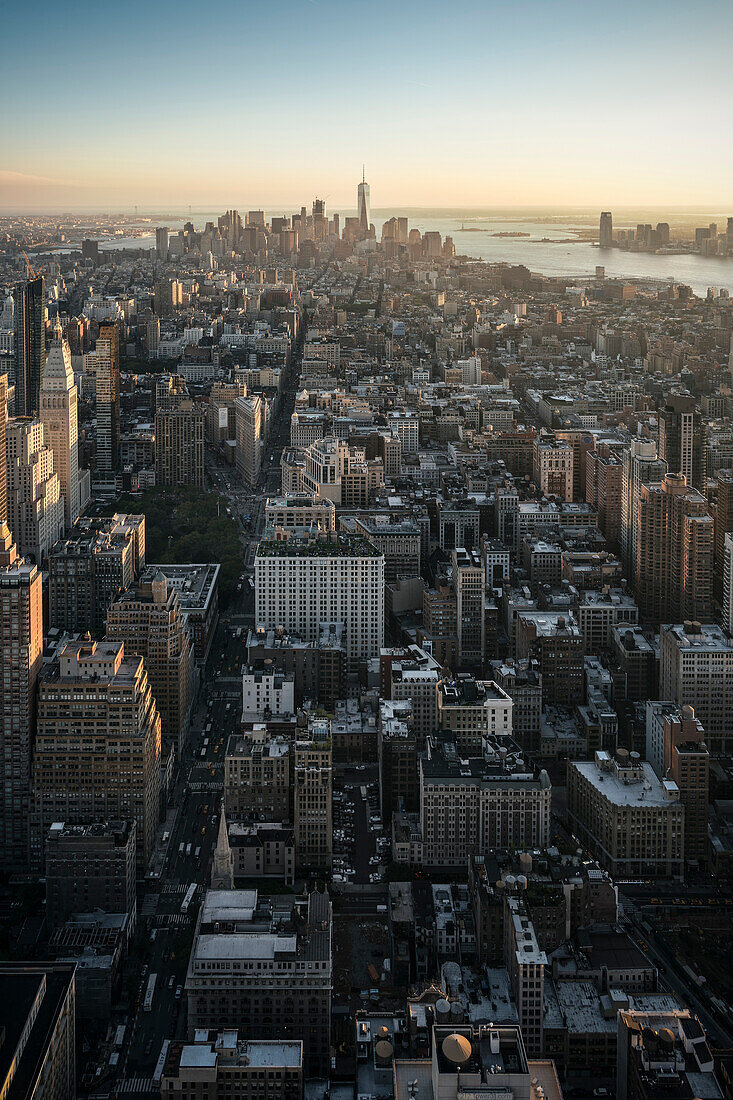 ONE World Trade Center, Flatiron Building, Statue of Liberty, view from viewing platform of Empire State Building, Manhattan, NYC, New York City, United States of America, USA, North America