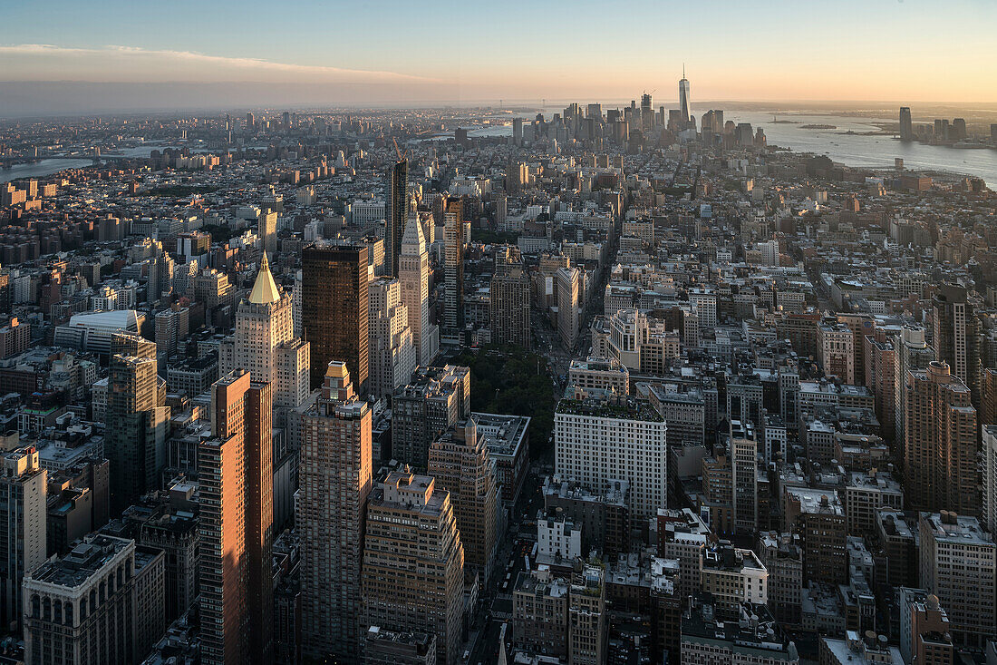 ONE World Trade Center, Flatiron Building, Statue of Liberty, view from viewing platform of Empire State Building, Manhattan, NYC, New York City, United States of America, USA, North America