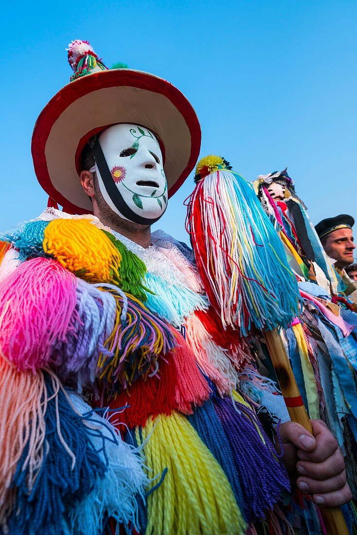 Man in traditional costume at La Vijanera Carnival. Silio. Molledo Municipality, Cantabria, Spain