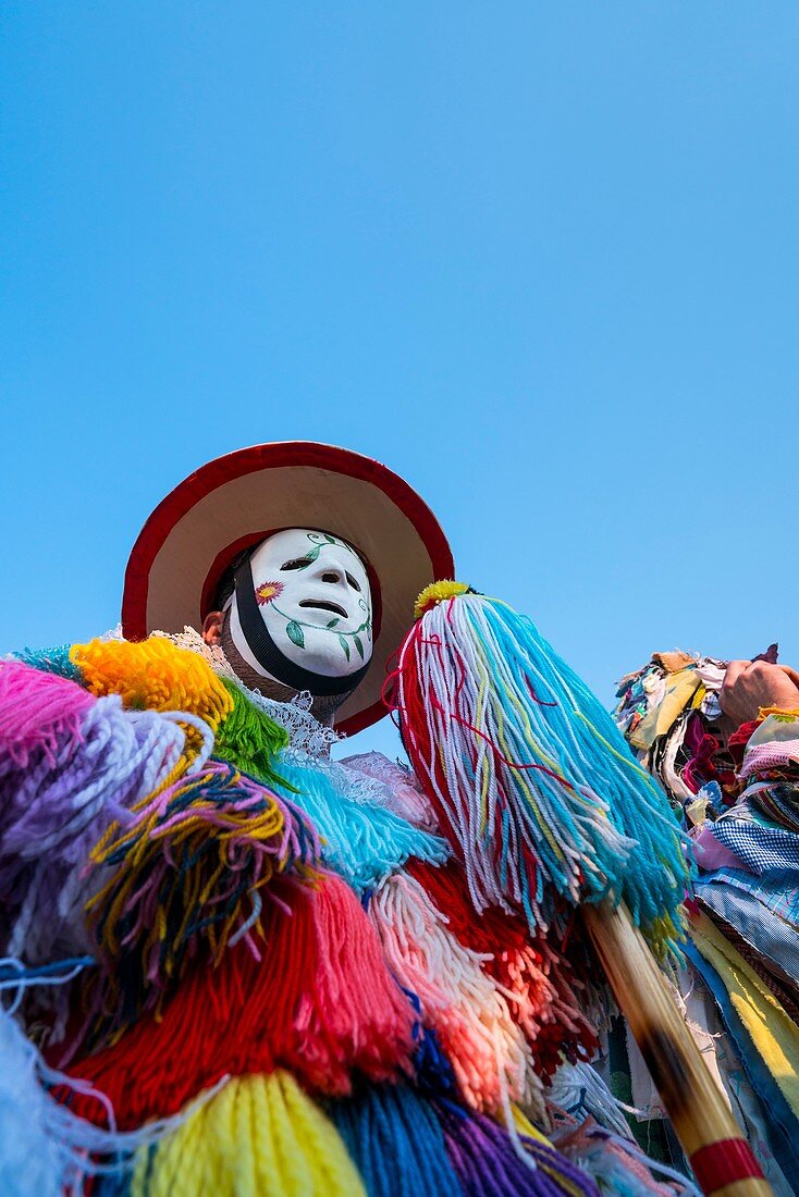Man in traditional costume at La Vijanera Carnival. Silio. Molledo Municipality, Cantabria, Spain