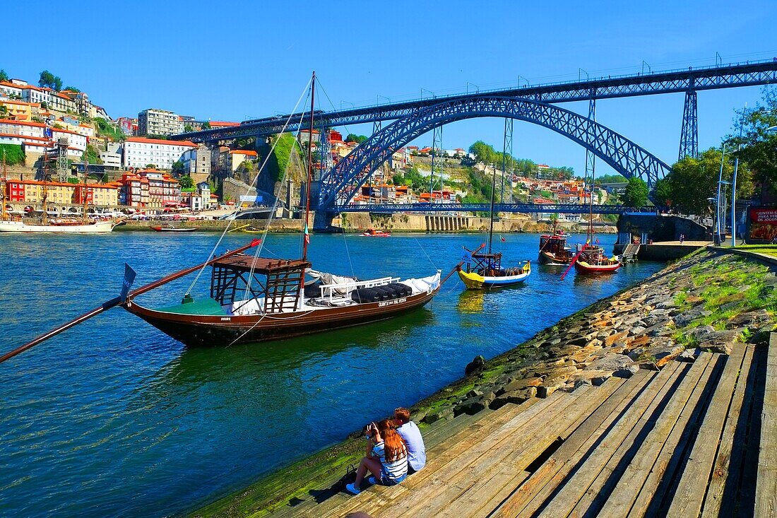 Moliceiro Boats on Douro River Porto Portugal Dom Luis I Bridge.
