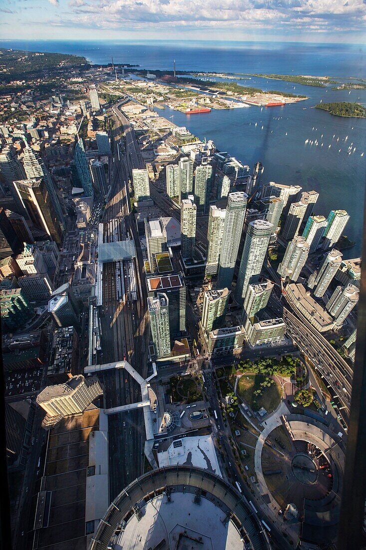 Landscape skyline from top of CN tower Ontario Lake Toronto Canada buildings tower.