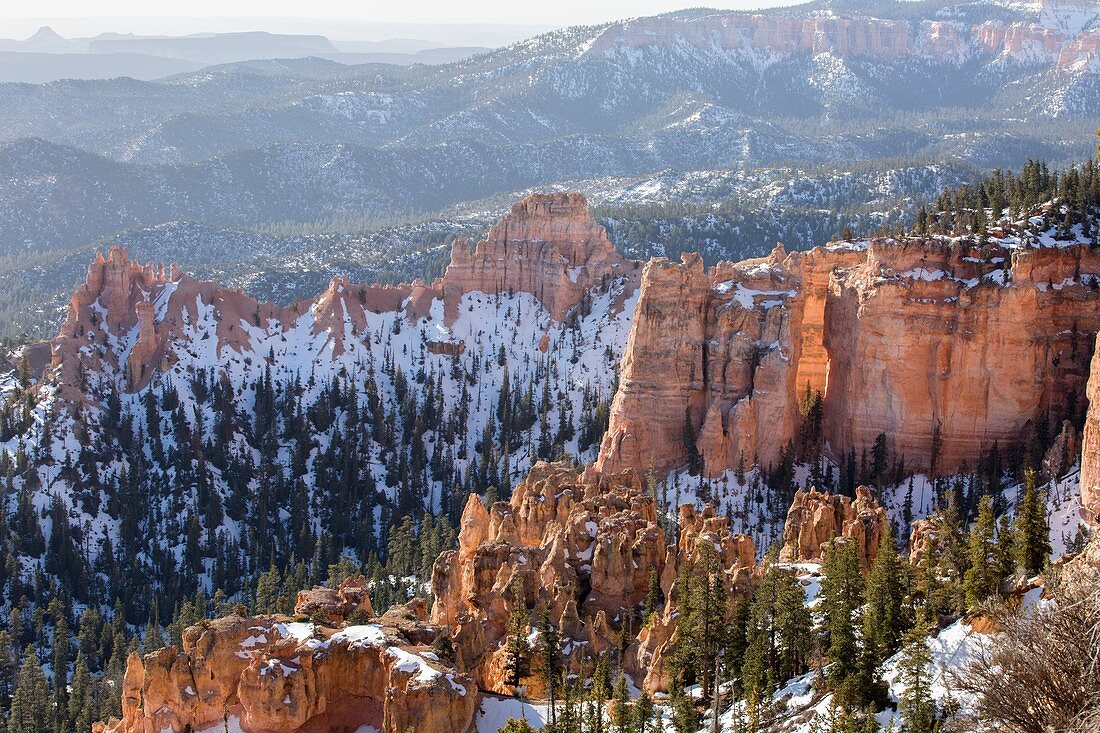 Winter scene in a wide landscape image of Bryce Canyon.
