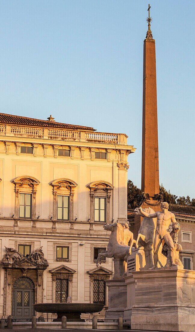 The Obelisk and Fountain of Caster and Pollux at Piazza del Quirinale, Quirinale Hill, Rome, Italy, Europe.