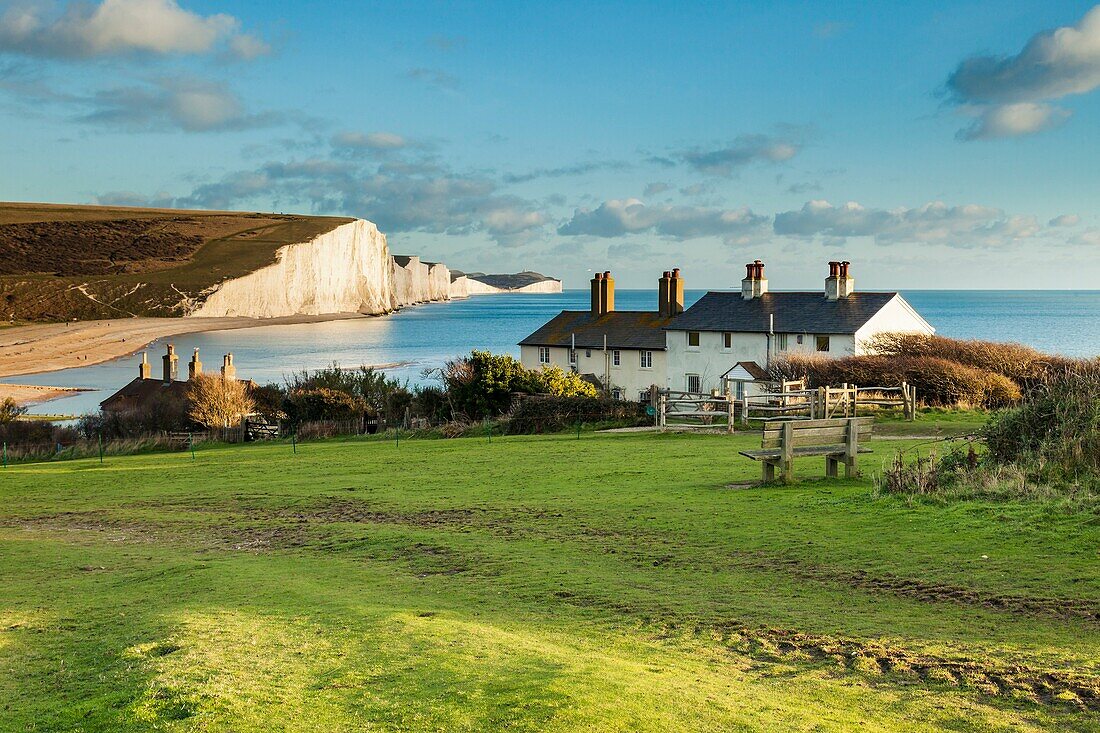 Coastguard Cottages and Seven Sisters cliffs in East Sussex, England. South Downs National Park.