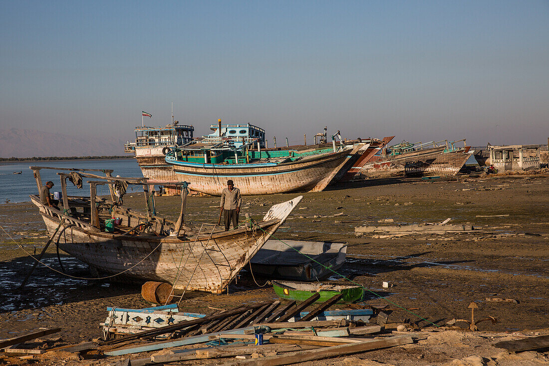 Traditonal Lenj ships in Goran, Qeshm, Iran, Asia