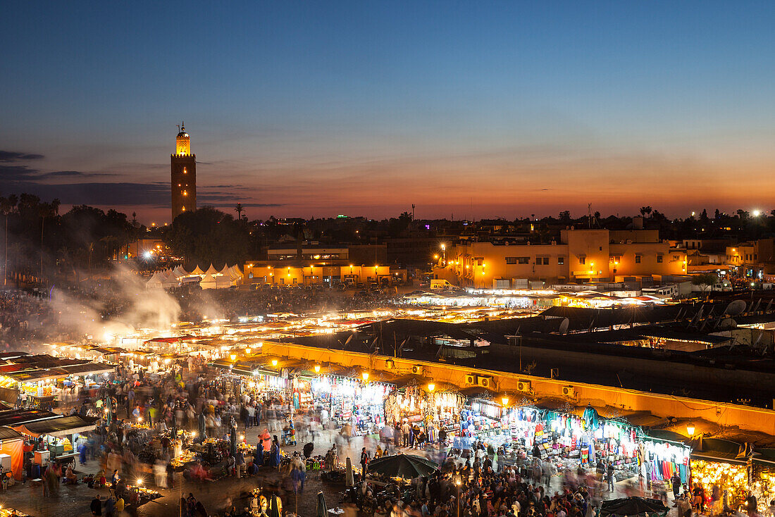 Jemaa el-Fnaa square and market place in Marrakesh at night, Morocco, Africa