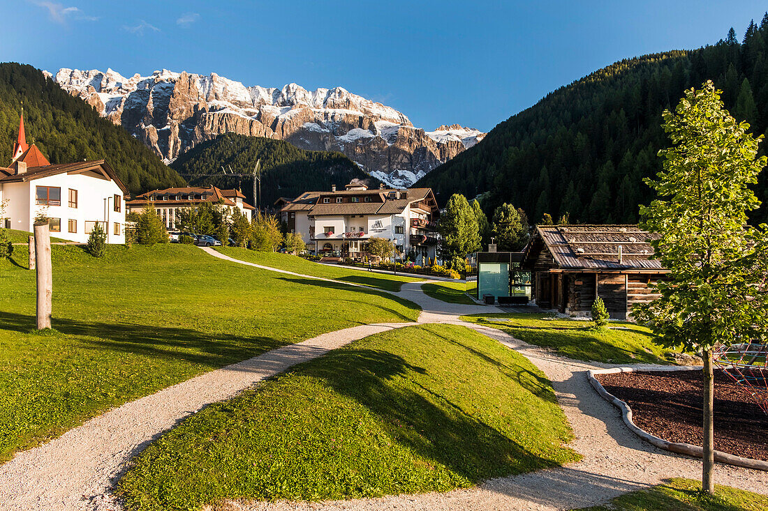 Wolkenstein at valgardena and the Sella mountains, South Tyrol, Italy