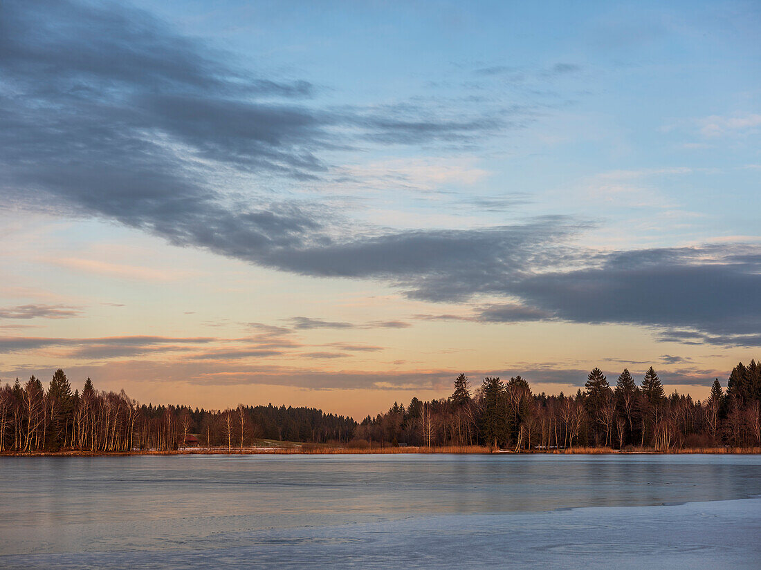Evening at the frozen Soier Lake, Bad Bayersoien, Upper Bavaria, Germany