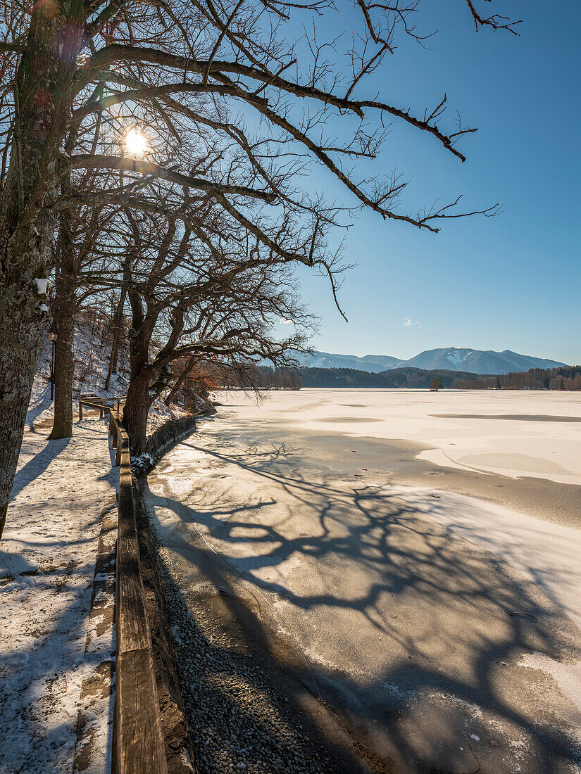 Licht und Schatten am gefrorenen Staffelsee, im Hintergrund die Ausläufer der Ammergauer Alpen, Seehausen, Oberbayern, Deutschland