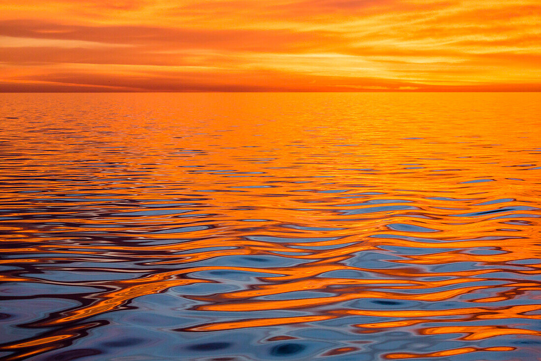 Beautiful sunset light reflected on a calm ocean near Isla San Marcos, Baja California Sur, Mexico, North America