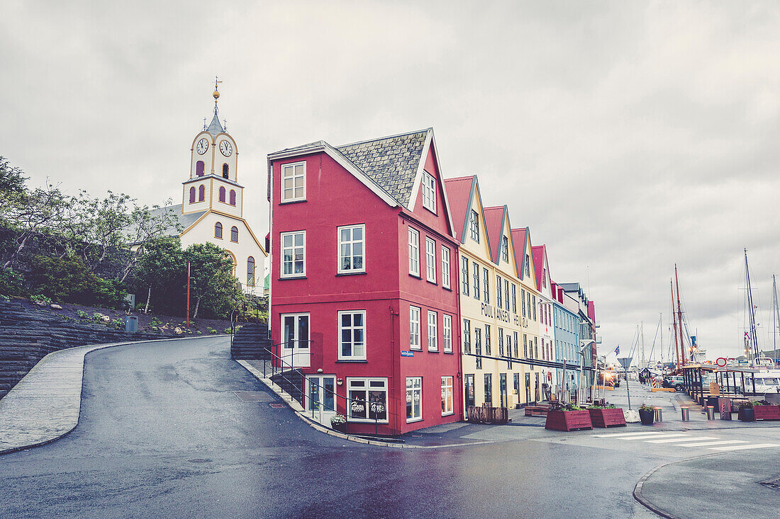 Cathedral and typical houses in the city centre of Torshavn, Streymoy Island, Faroe Islands, Denmark, Europe