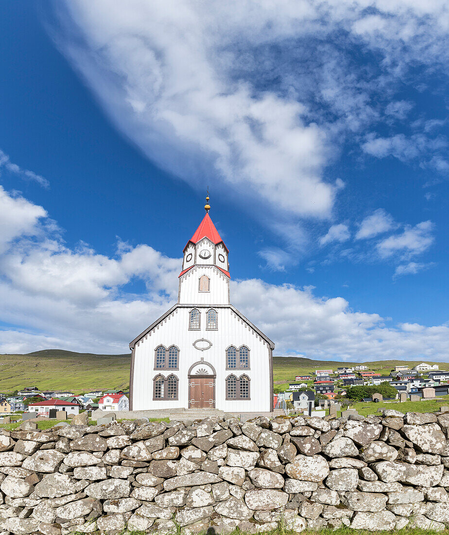 Panoramic of church and village of Sandavagur, Vagar Island, Faroe Islands, Denmark, Europe