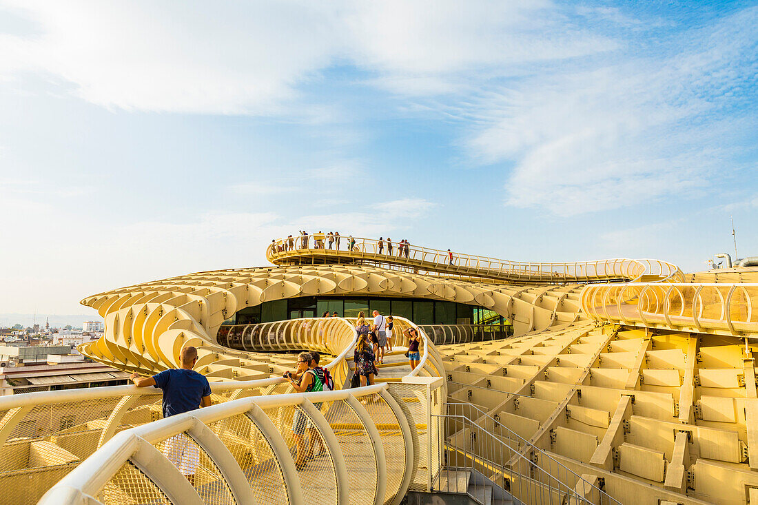 People looking at the view of city from the top of Metropol Parasol, Seville, Andalucia, Spain, Europe