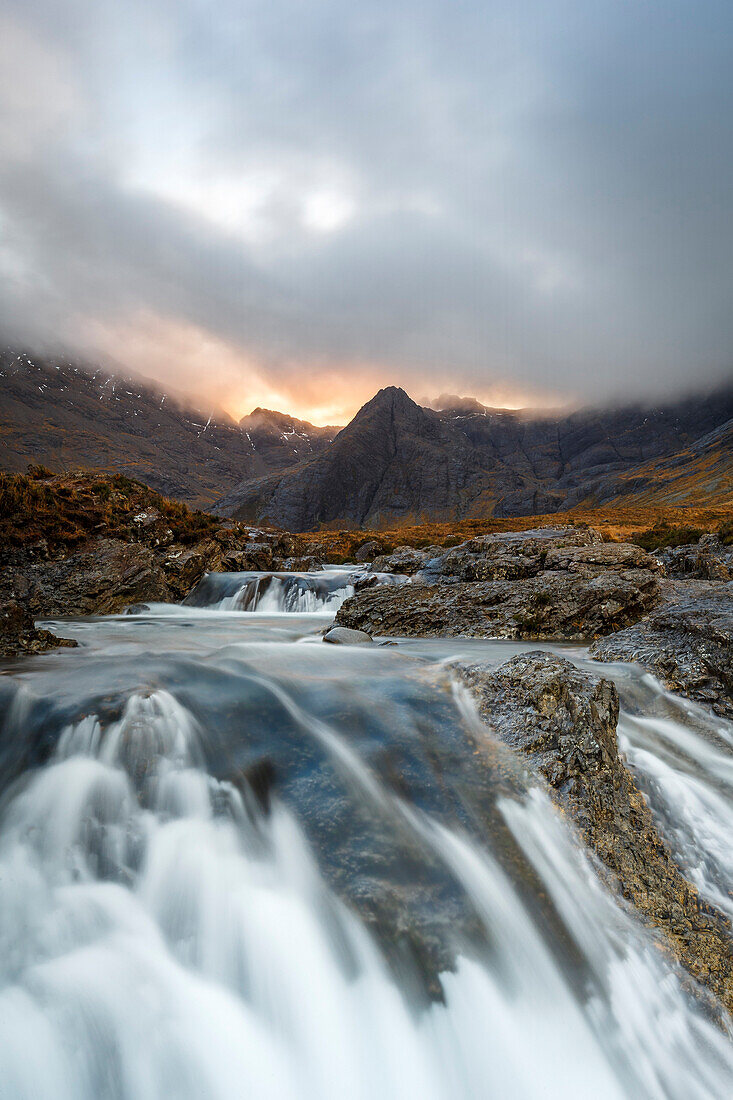 The Black Cuillin mountains in Glen Brittle from the Fairy Pools, Isle of Skye, Inner Hebrides, Scotland, United Kingdom, Europe