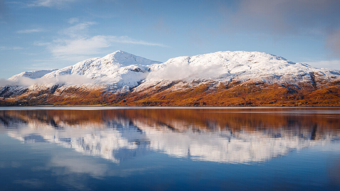 Wintery scene of Loch Linnhe, near Fort William, in calm weather with reflections, Highlands, Scotland, United Kingdom, Europe