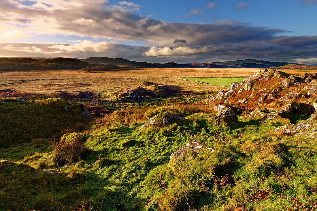 A winter view looking across Moine Mhor Nature Reserve from Dunadd Fort in the Scottish Highlands, Argyll, Scotland, United Kingdom, Europe
