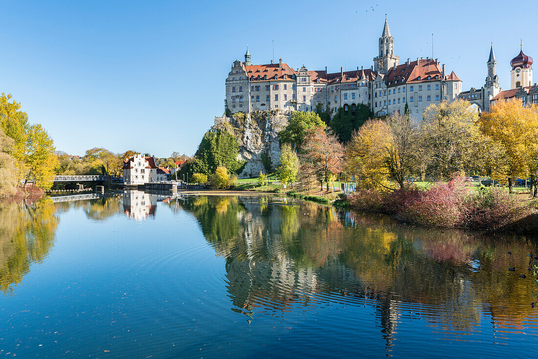 Sigmaringen Castle reflected in the Danube River, Sigmaringen, Baden-Wurttemberg, Germany, Europe