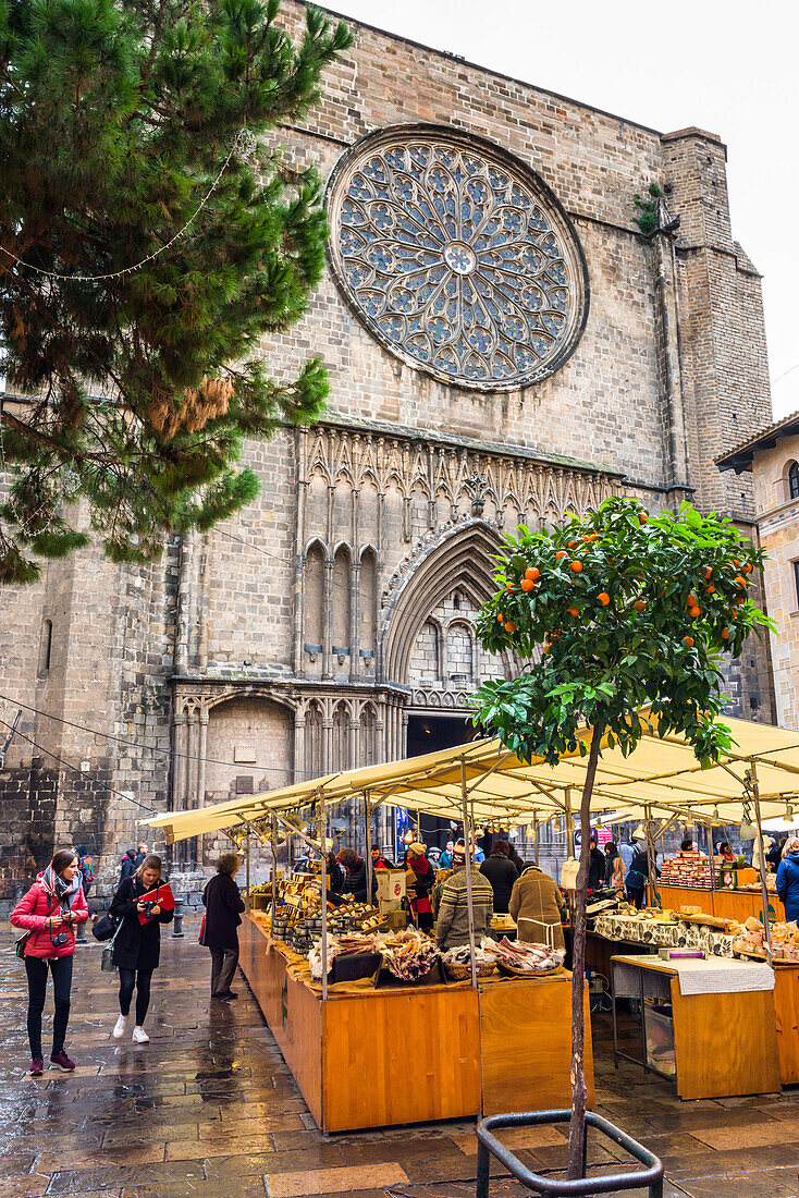 Market stalls in front of the Gothic church of Santa Maria del Mar, La Ribera, Barcelona, Catalonia, Spain, Europe