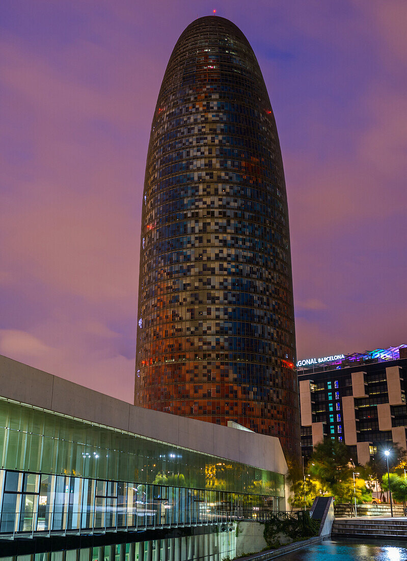 Disseny Hub Barcelona and skyscraper Torre Agbar at sunset, architect Jean Nouvel, Barcelona, Catalonia, Spain, Europe